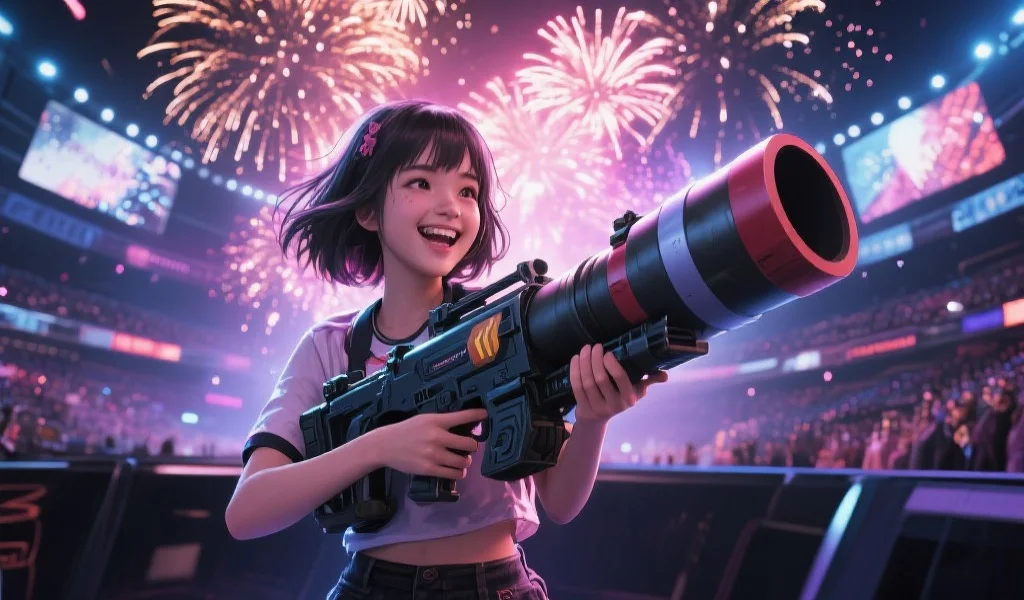 在虚拟竞技场上，一位少女手持巨型火箭炮微笑着，身后烟花绽放，展现强烈动感