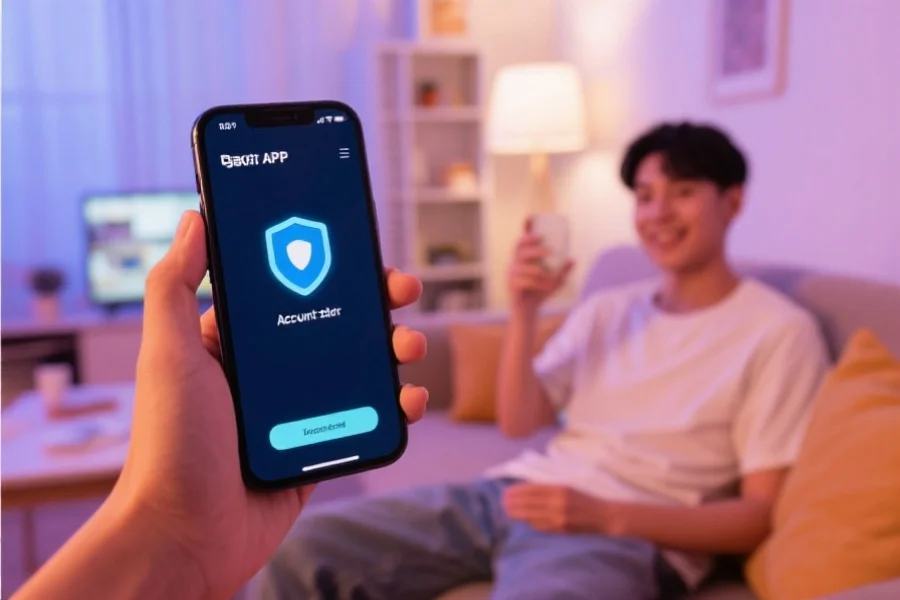 年轻用户在家中自信地使用电竞APP，手机屏幕上显示账户安全的提示图标，环境明亮温馨，氛围轻松