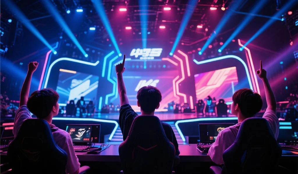 未来感十足的电竞舞台，灯光璀璨，年轻玩家举起手臂为梦想欢呼，充满朝气与希望